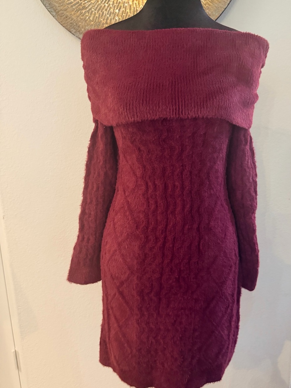 Off-Shoulder Cable Knit Sweater Dress - Purple/Burgundy